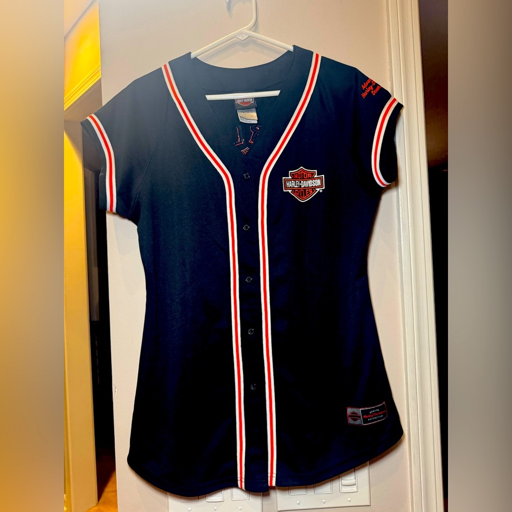 Genuine Harley-Davidson S/S Baseball Jersey Shirt Black Womens Size Large